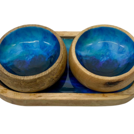 582004 - Etnico madera oval tray with 2 bowls 2318a blue sea 25x13x6