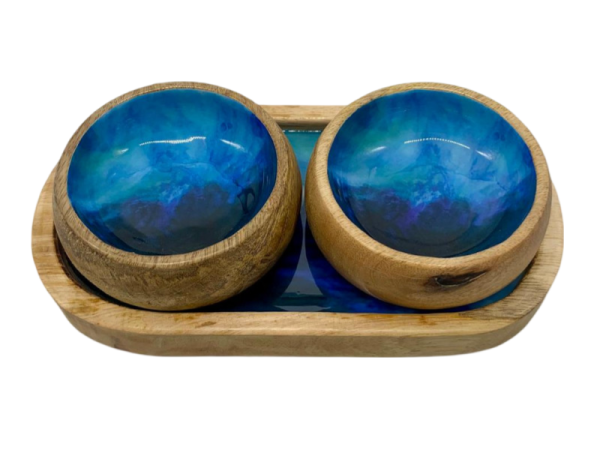 582004 - Etnico madera oval tray with 2 bowls 2318a blue sea 25x13x6