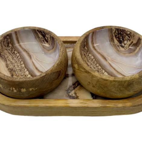 582015 - Etnico madera oval tray with 2 bowls 2318b marble desing 25x13x6