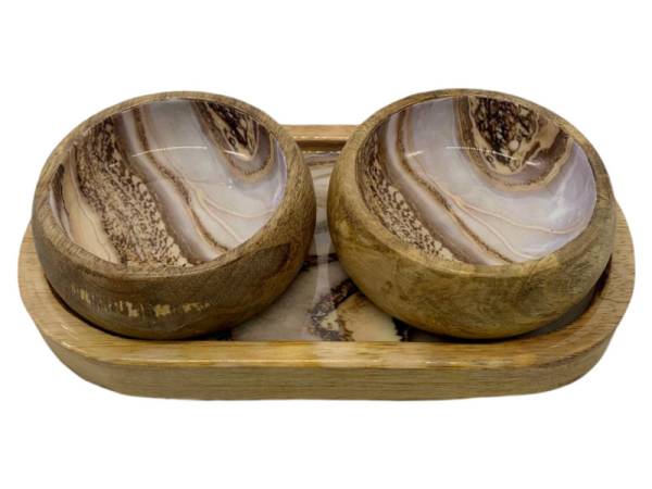 582015 - Etnico madera oval tray with 2 bowls 2318b marble desing 25x13x6