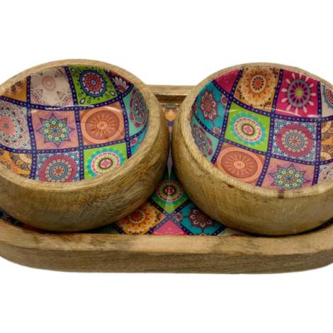 582026 - Etnico madera oval tray with 2 bowls 2318c Multi desing 25x13x6