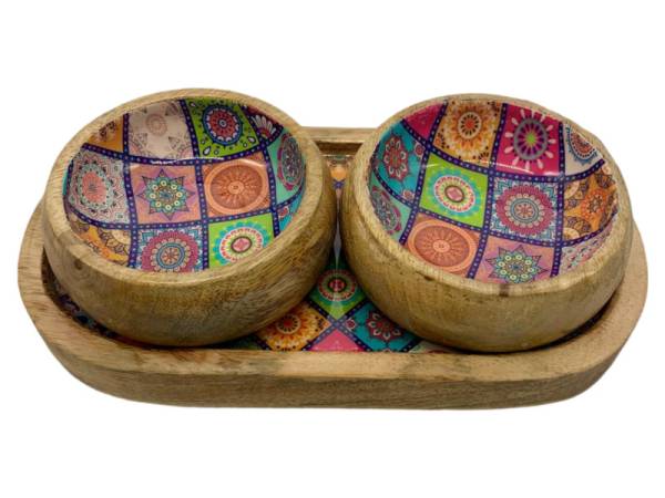 582026 - Etnico madera oval tray with 2 bowls 2318c Multi desing 25x13x6